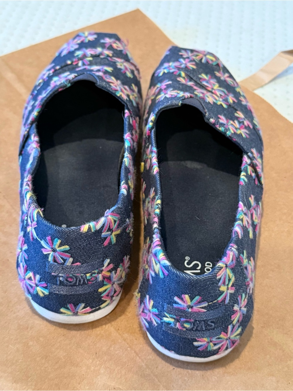 TOMS Navy Canvas Slip-Ons with Multicolor Floral Stitching - Picture 3 of 4